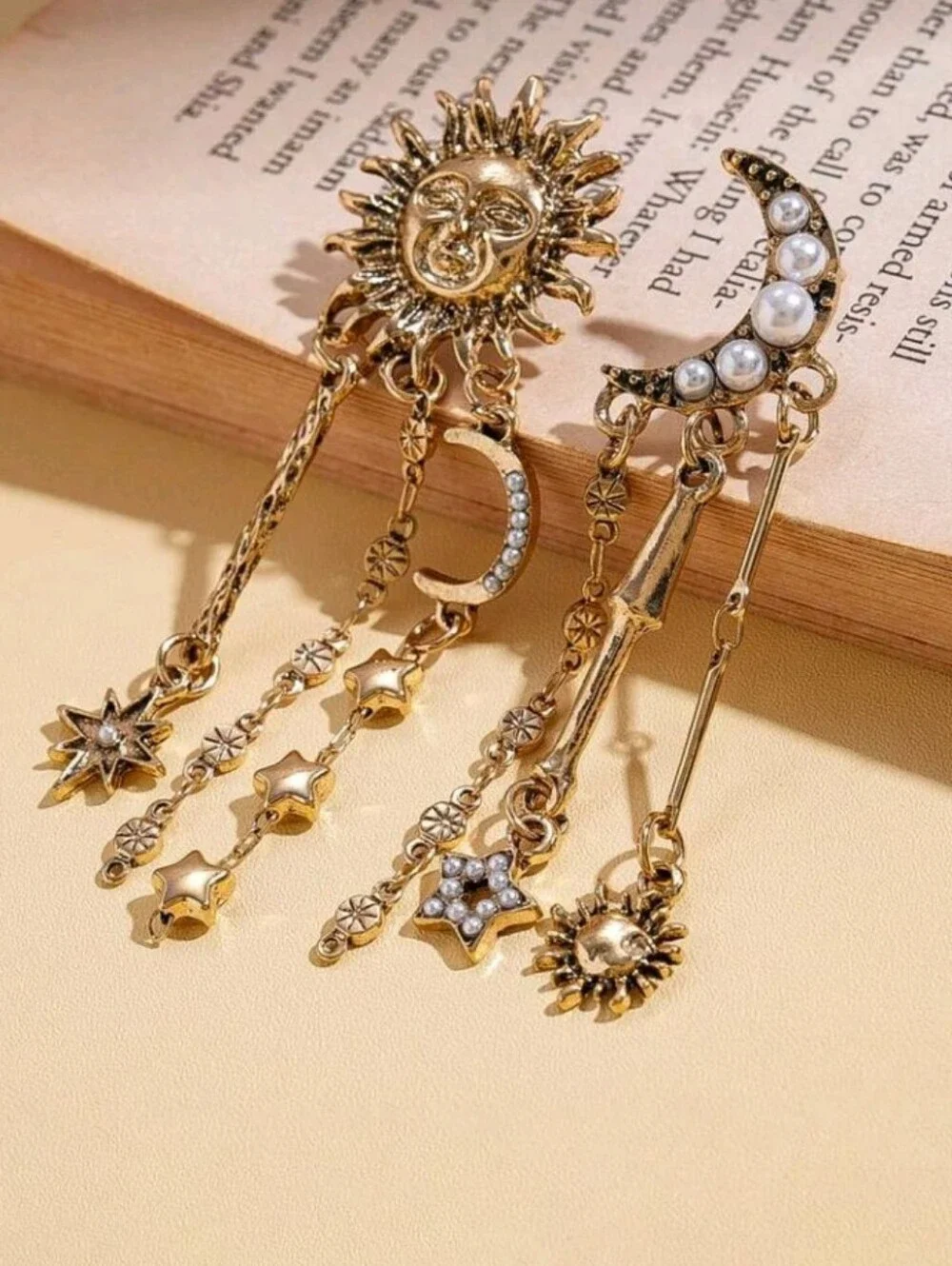 NEW! Gold Sun &Moon Celestial Vintage Style Drop Earrings With Tiny Pearl Accent